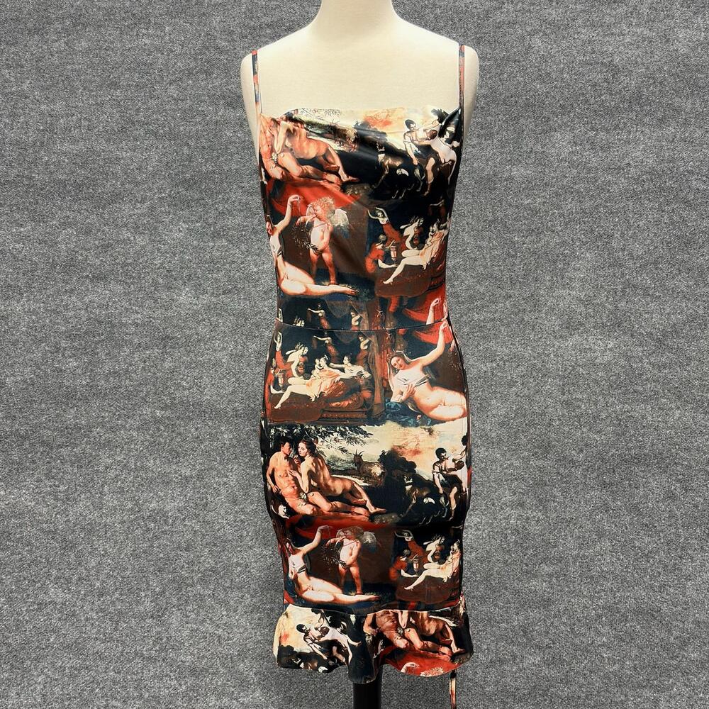 MICAS Dress Womens L Black Art Print Bodycon Slip Knee Length Renaissance